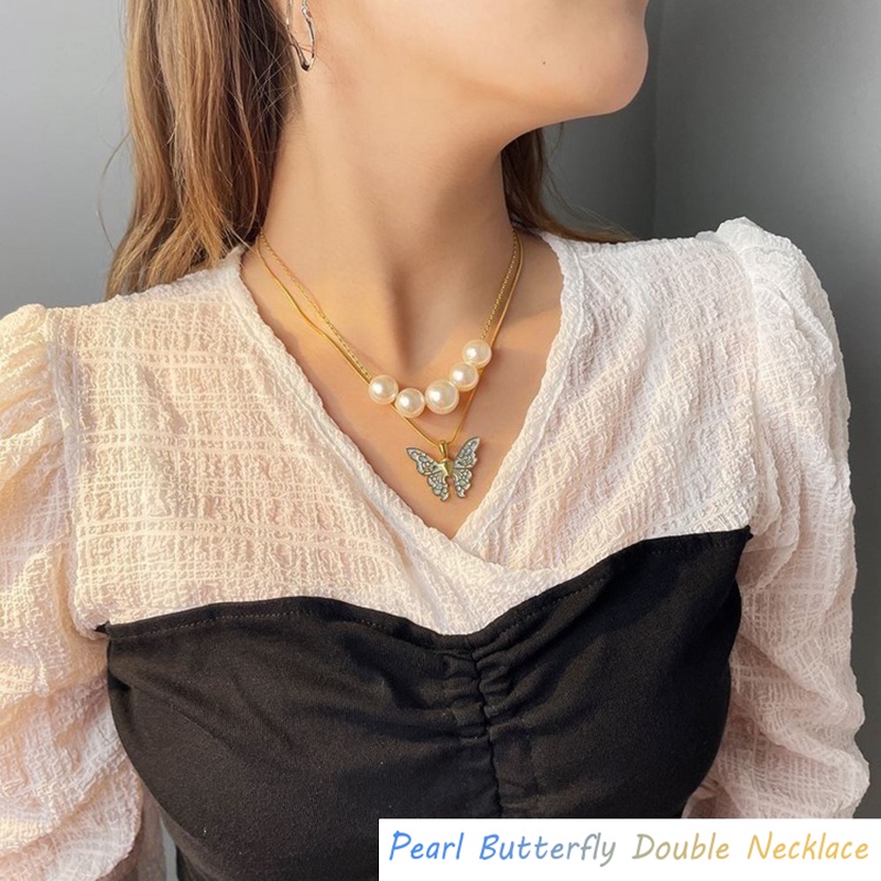 Vòng Cổ Choker Hai Lớp Mặt Hình Bướm Bằng Kim Loại Đính Ngọc Trai Thời Trang Thanh Lịch Sáng Tạo Dành Cho Bạn Nữ