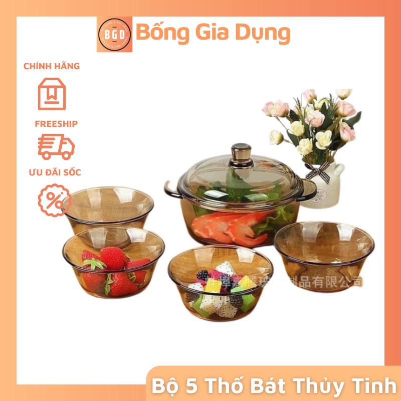 Bộ 5 Thố Bát Thủy Tinh Chịu Nhiệt Có Nắp Đậy Cao Cấp