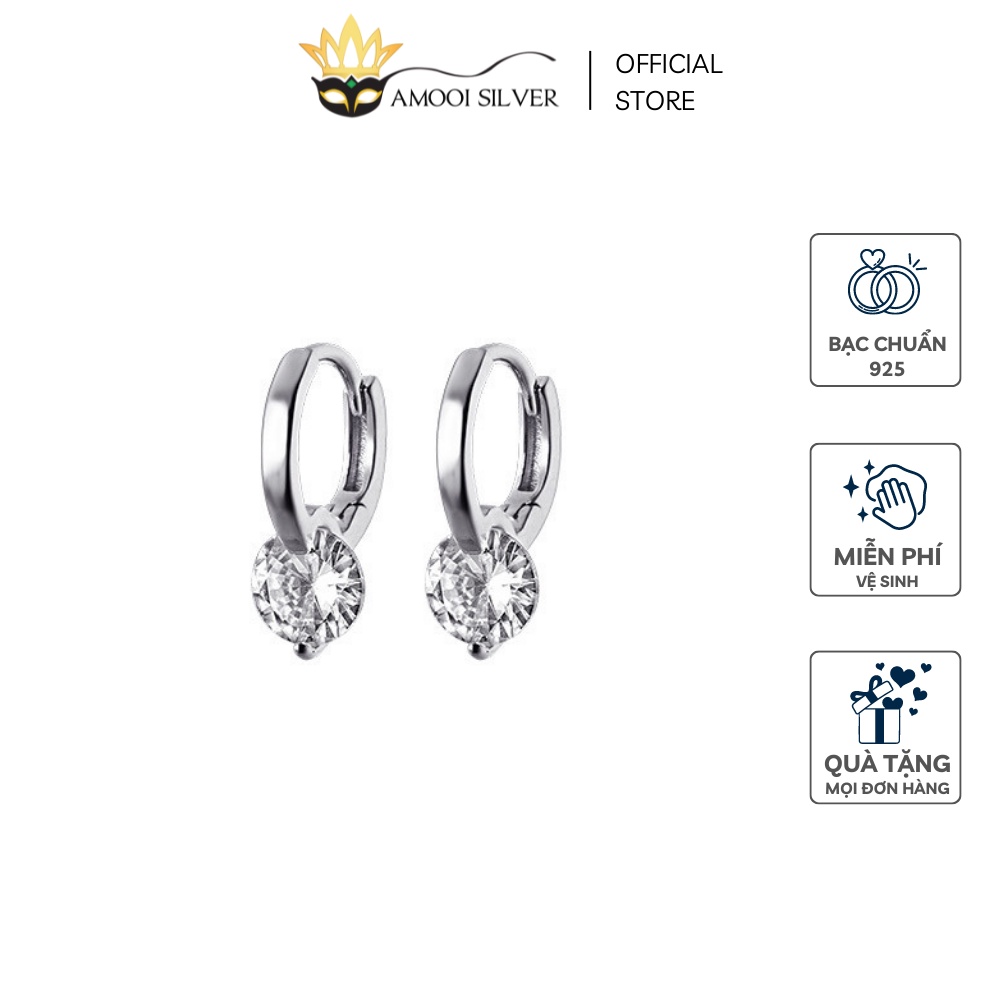 Bông tai bạc S925 khoen tròn 1 viên đá đường kính 10mm - Amooi Silver AB181