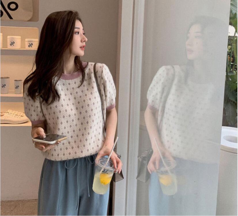 Áo croptop dệt kim SUXI tay ngắn cổ tròn phong cách mùa hè thời trang cho nữ