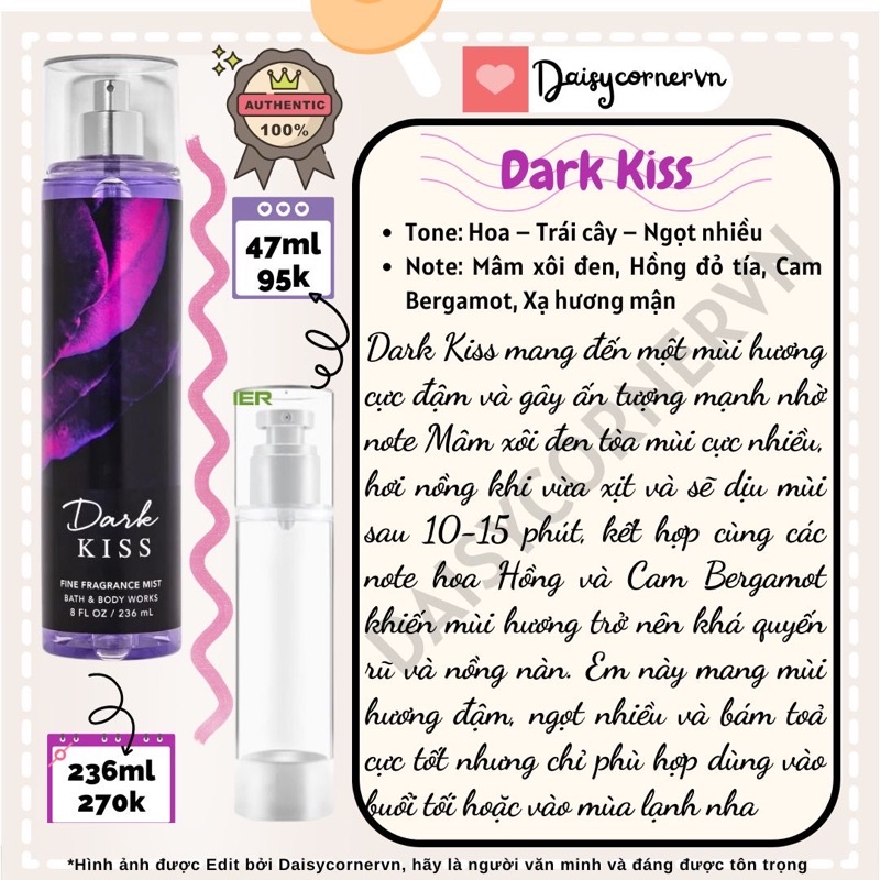 Xịt thơm Body Mist Bath and Body Works Dark Kiss
