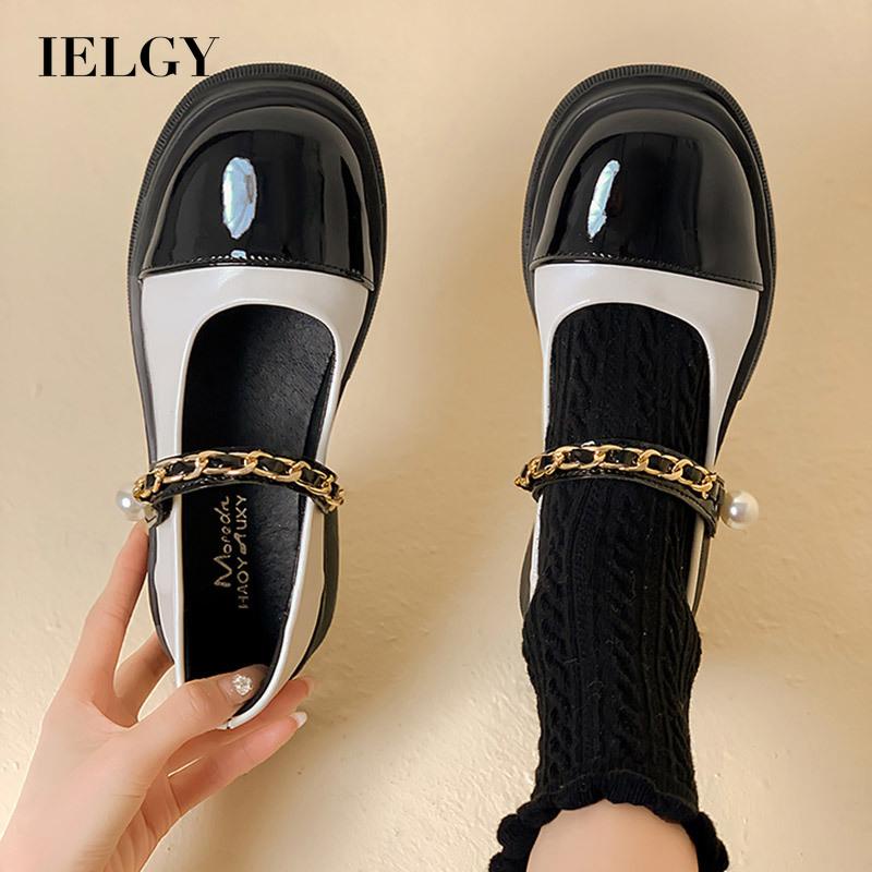 Giày búp bê Mary Jane IELGY da bóng đế bằng phối ngọc trai giả thời trang cho nữ