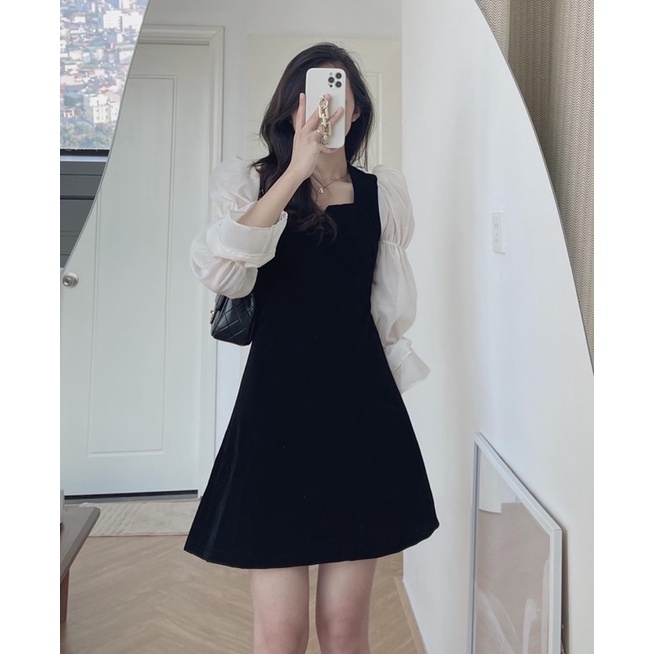 Váy nhung đen pha tay cách điệu