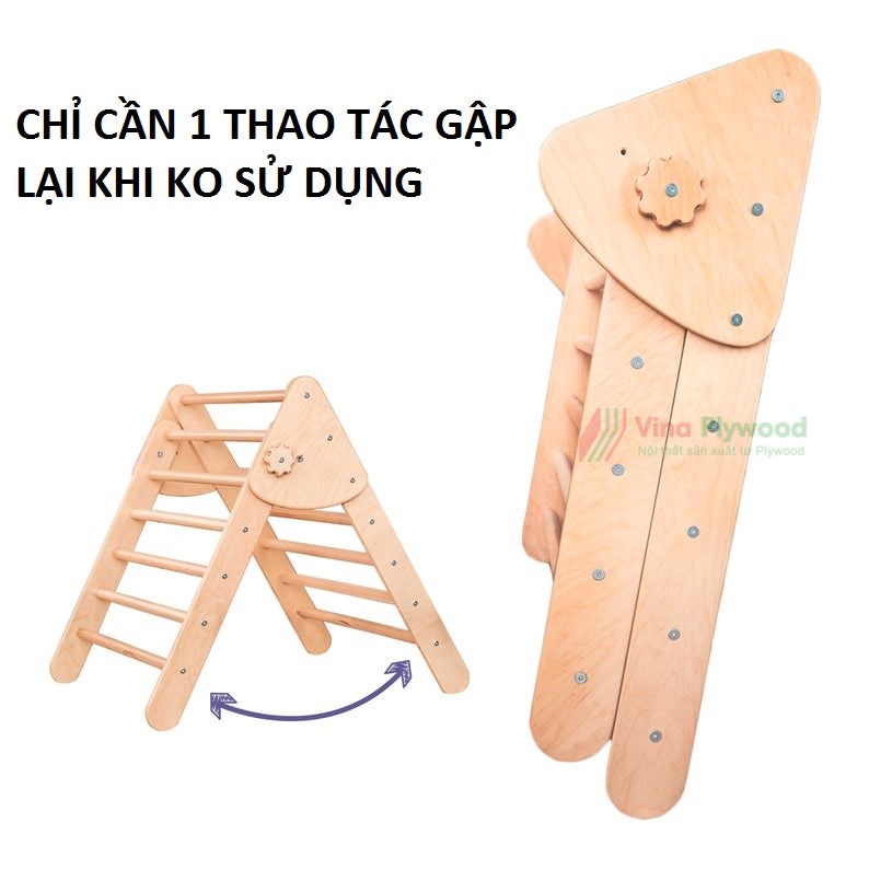 Bộ thang leo cho trẻ mầm non-thang tam giác leo núi đa năng 3 trong 1- đồ chơi vận động thể chất, chất liệu plywood