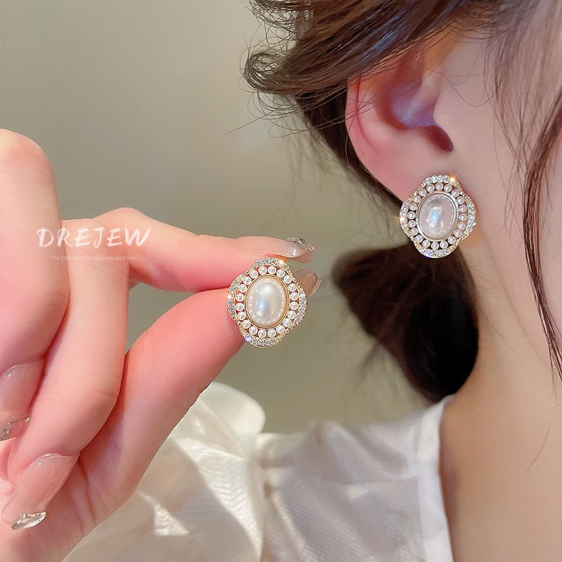 Khuyên tai DREJEW 2 mạ vàng/ bạc hình oval đính ngọc trai nhân tạo phong cách Pháp sang trọng thời trang
