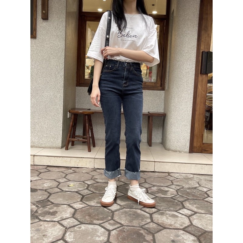 FULL SET jeans gấp gấu demin+ áo phông believe