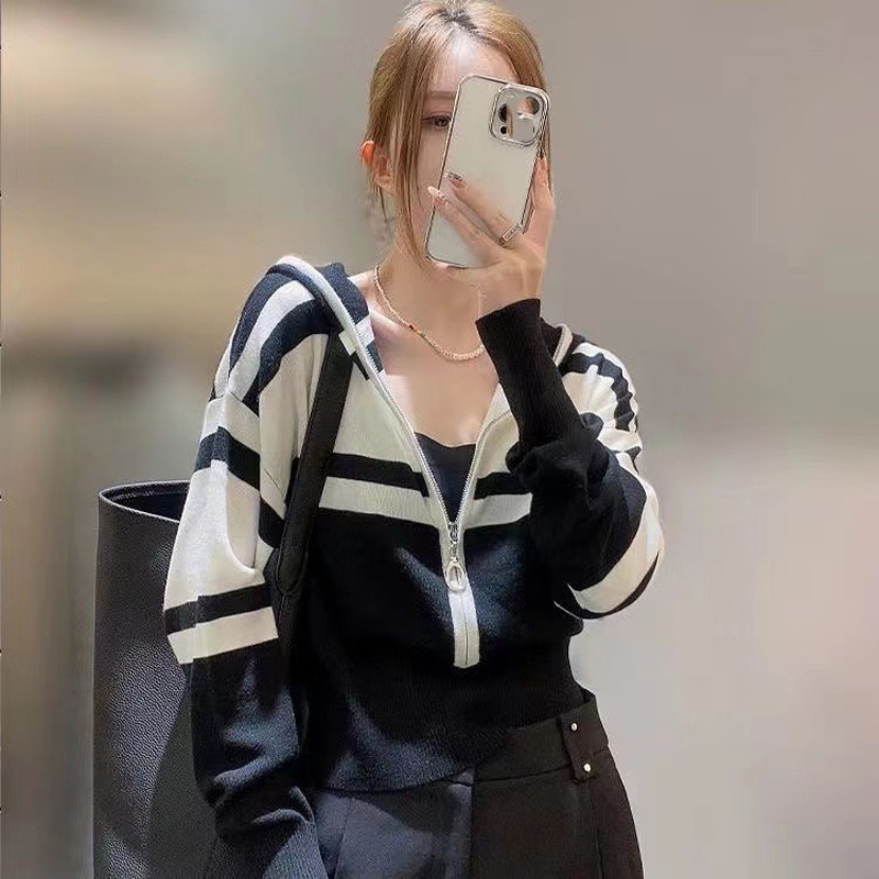 IELGY Áo sweater Dệt Kim Tay Dài Có Mũ Trùm Khóa Kéo Phối Màu Sắc Khối Dễ Phối Đồ Thời Trang Cho Nữ
