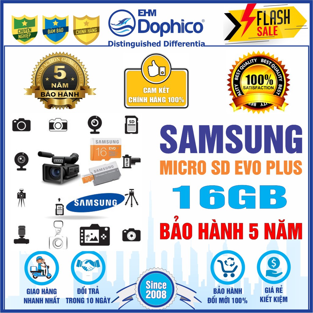 Thẻ nhớ Samsung 16GB – MicoroSD SAMSUNG EVO PLUS 16GB – CHÍNH HÃNG – Bảo hành 5 năm – Kèm Adapter