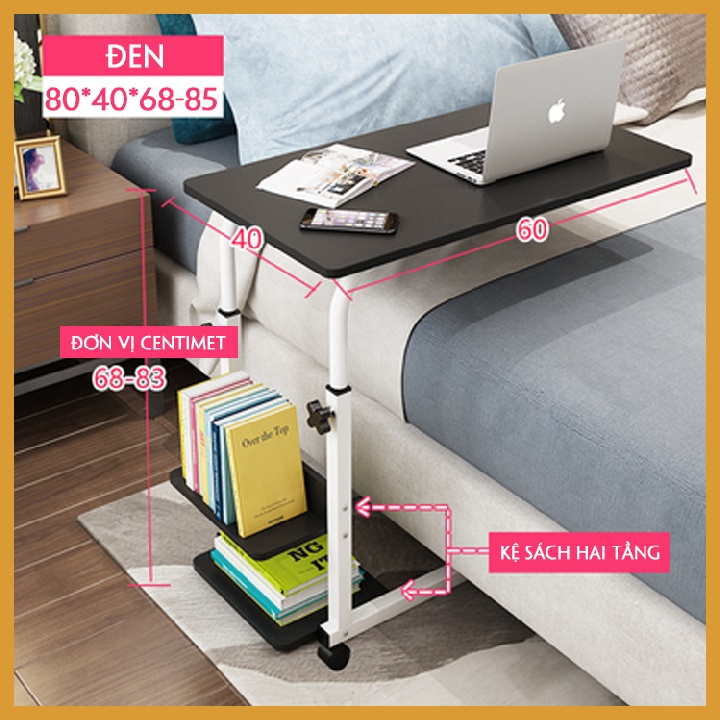 Bàn Làm Việc, Để Laptop, Bàn Học Trên Giường Có Giá Để Sách, Có Bánh Xe Thiết Kế Nhỏ Gọn Dể Dàng Di Chuyển, KT 60-80x40