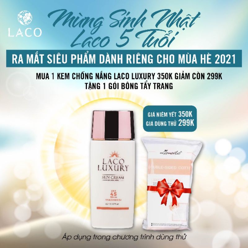 Kem chống nắng Laco Luxury Sun Cream 50ml SPF45 PA++++ -hàng chính hãng. Lên Tone, Chống UVA, UVB, Không Nhờn, Kiềm Dầu