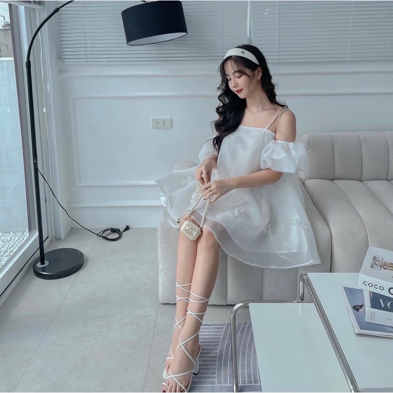 VÁY/ĐẦM HAI DÂY TƠ HỒNG ĐÍNH HOA THIẾT KẾ TAY PHỒNG RỚT VAI DÁNG TIỂU THƯ CAO CẤP