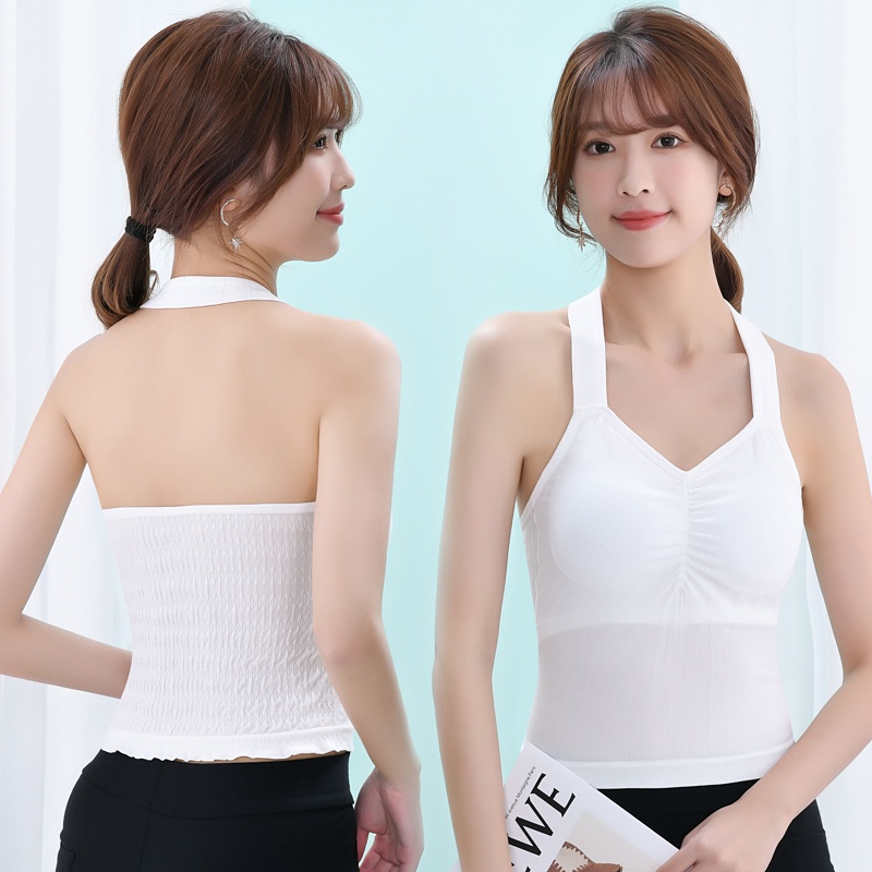 198823 Áo Sát Nách Không Gọng Có Đệm Ngực Dây Đeo Cổ Co Giãn Thiết Kế Xếp Ly Sau Lưng