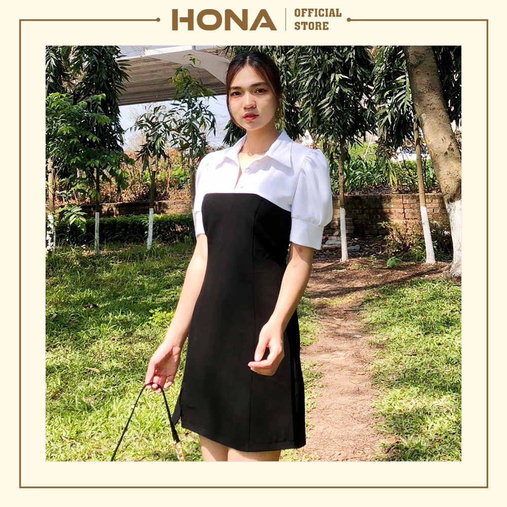 Váy Đầm chữ A đen trắng tay bồng cổ sơ mi - Váy thiết kế nữ sinh dáng ôm sang trọng lịch sự HONA230 | BigBuy360 - bigbuy360.vn