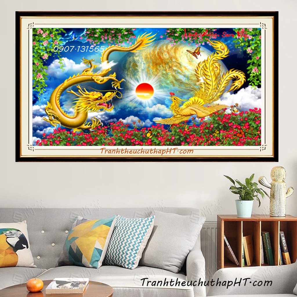 Tranh đính đá - Tranh thêu chữ thập Long phụng sum vầy 100*60cm - Chưa thêu