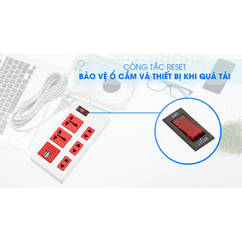 Ổ Cắm Điện Đa Năng ECO Điện Quang, 5 Ổ Điện Chịu Tải 2500W Dây Nối 2-Mét Chống Cháy Cùng 2 Cổng USB Sạc Nhanh 5V-2.0A