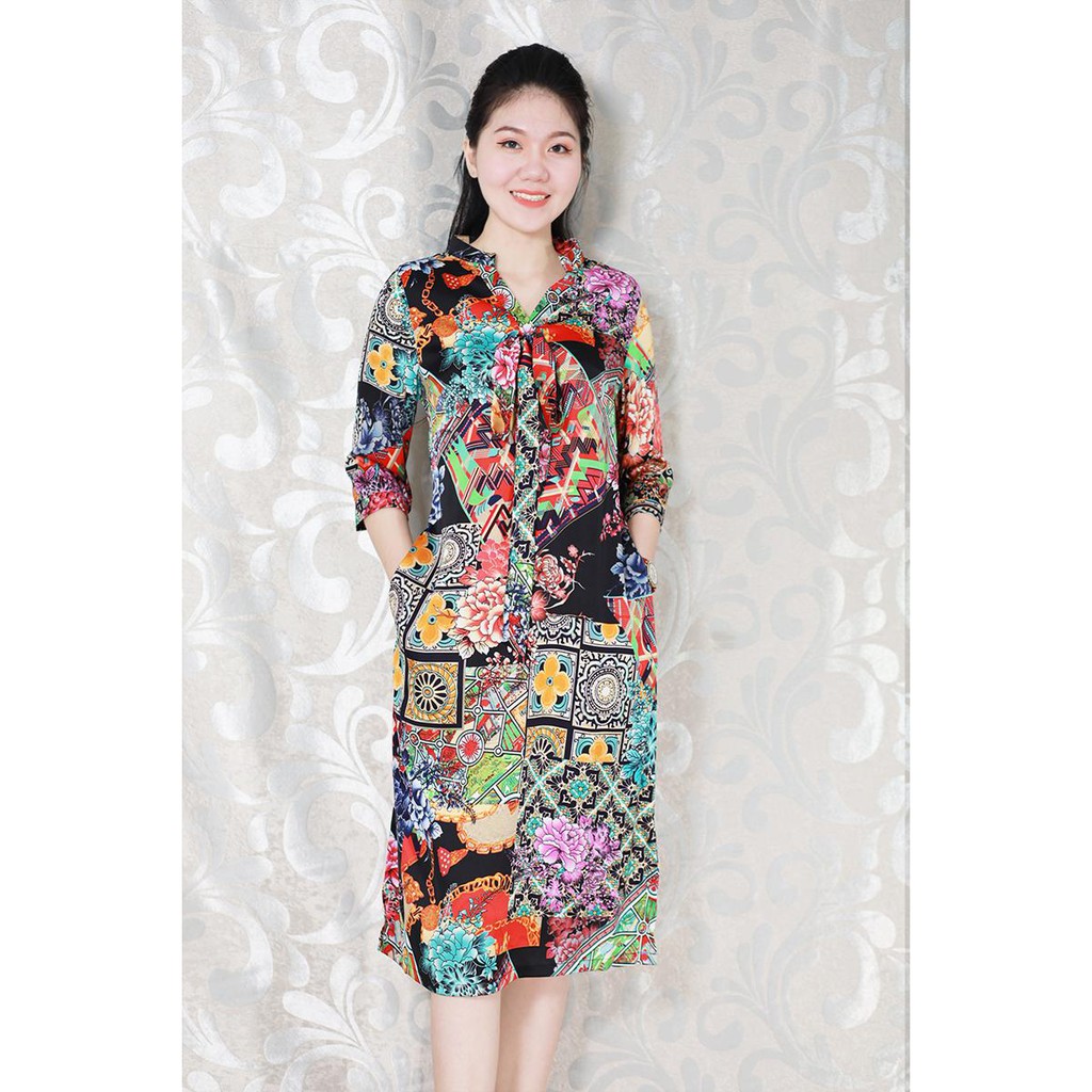 GOTI - Đầm Trung Niên Cao Cấp Kiểu Dáng Suông Lụa In Hoa Dài Qua Gối Tay Lỡ Cho Mẹ U50 U60 3180