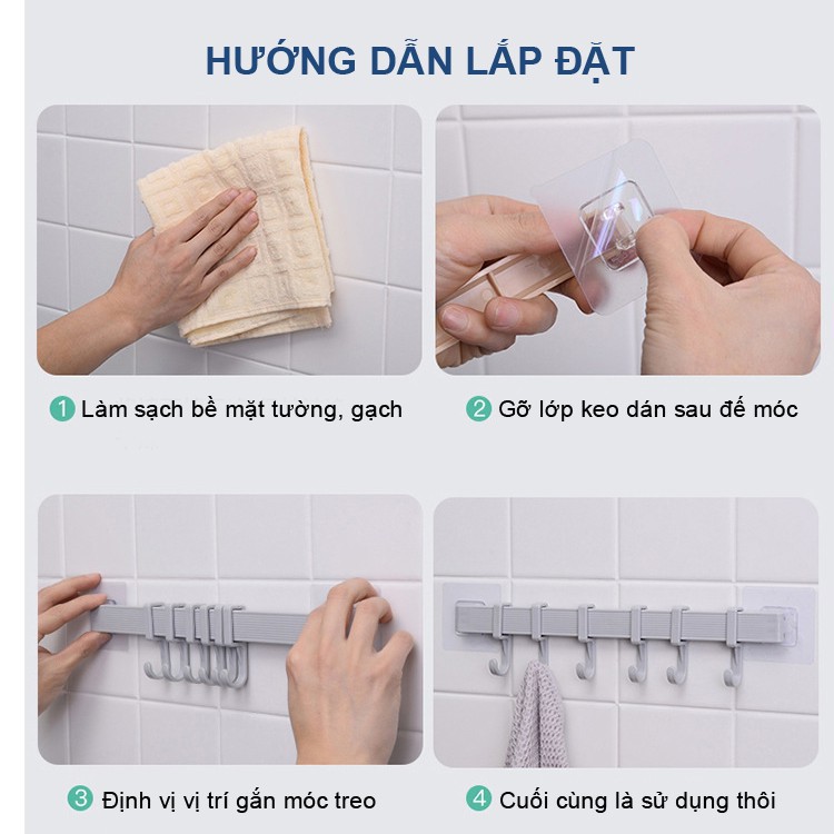 Thanh Treo Đồ Cực Dính 6 Móc Liền Không Cần Khoan Đục Cho Nhà Bếp, Phòng Tắm