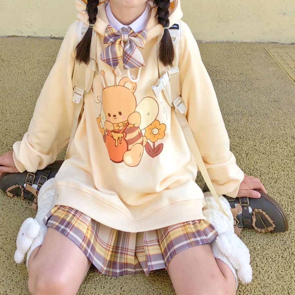 Áo Hoodie Form Rộng In Họa Tiết Gấu Dễ Thương Phong Cách Nhật Bản Cho Nữ Sinh