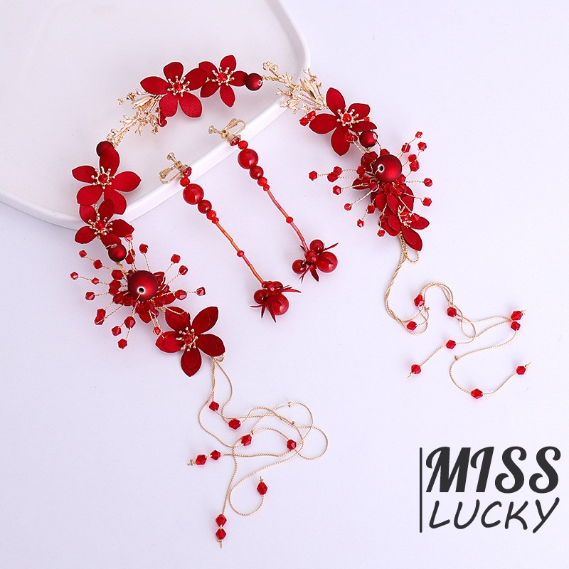 Set cài tóc + khuyên tai đính hoa và ngọc trai giả màu đỏ thanh lịch cho cô dâu