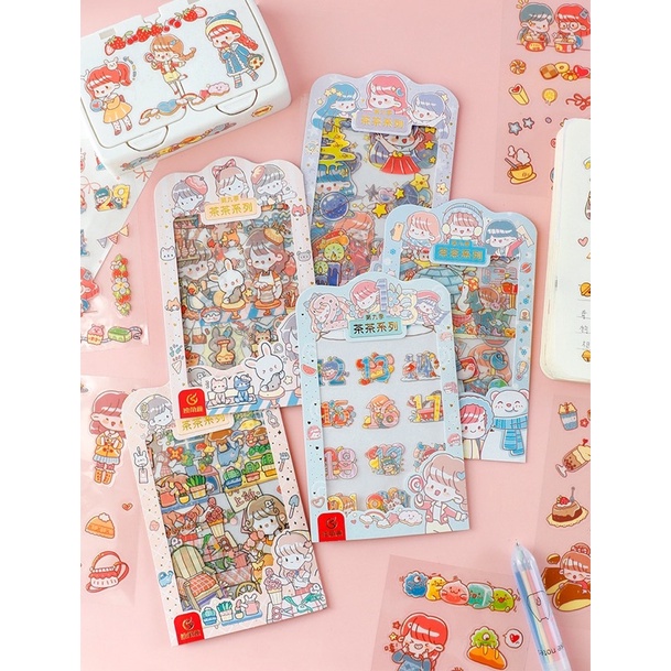 Sticker cute/Set 4 tấm hình dán dễ thương trang trí sổ planner bullet journal Hàn Quốc Tẻn Tẻn