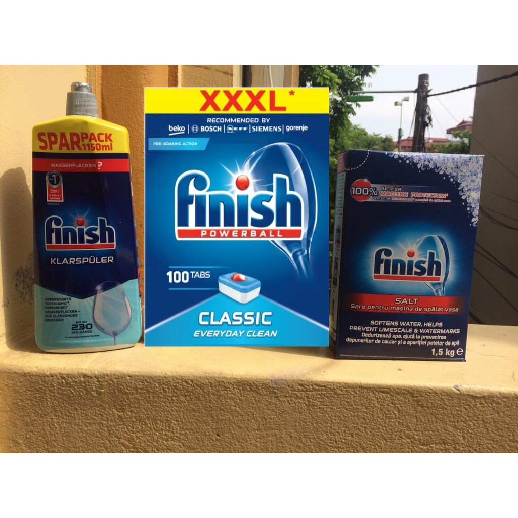Combo 100 viên Finish+ nước bóng 1150ml + 1.5kg muối rửa bát dùng cho máy rửa bát chén