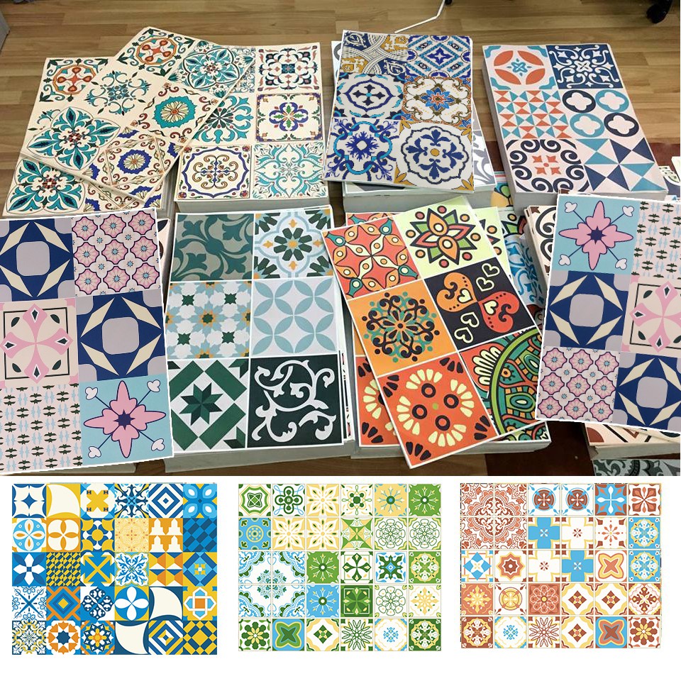 Set 6 ô 20x20 Decal Gạch bông Tini Printing Gạch hoa dán tường, dán sàn, dán bếp. Kích thước mỗi set 60cmx40cm