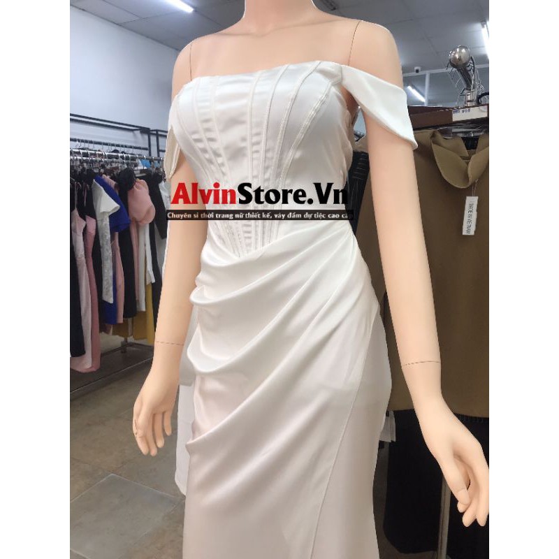 [Hàng Cao Cấp - Chuẩn Đẹp] Đầm Dự Tiệc Lụa Hở Vai Ngang Xếp Ly Bụng Sang Trọng, Quyến Rũ | BigBuy360 - bigbuy360.vn