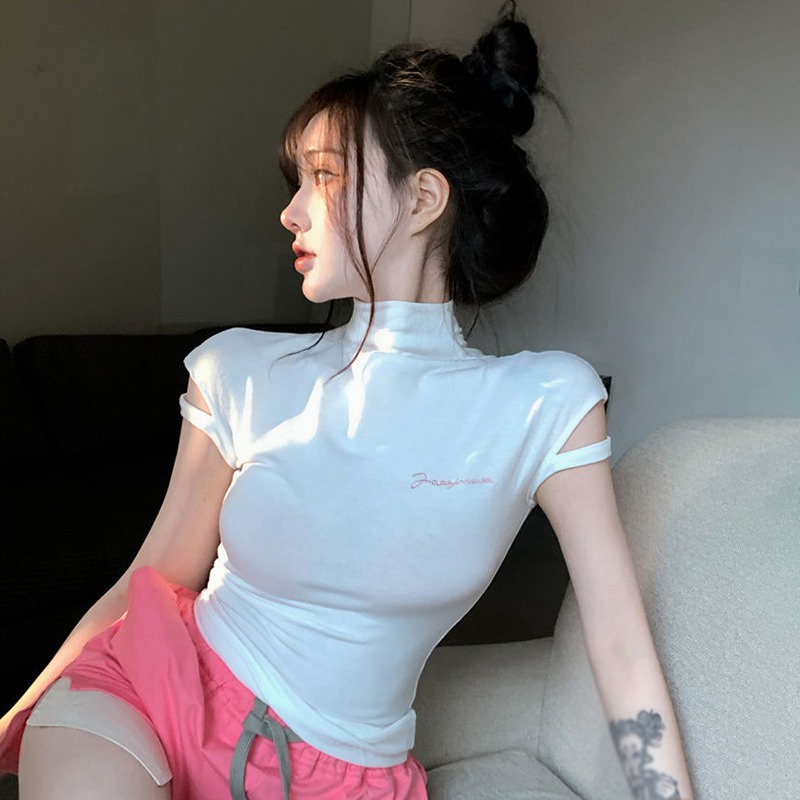Áo Thun Tay Ngắn Cổ Lọ Màu Sắc Đơn Giản Phong Cách Hàn Quốc Cho Nữ