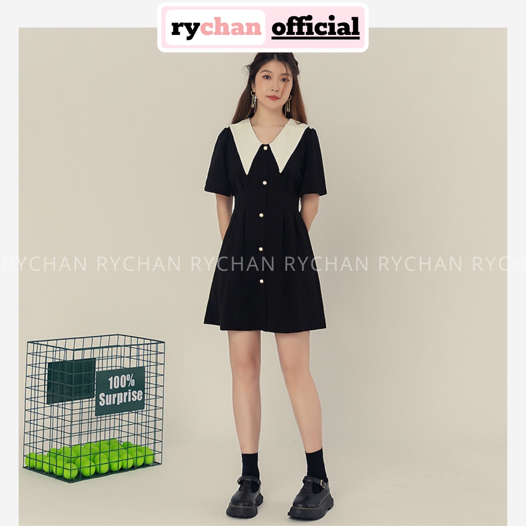 Đầm Đen Tay Ngắn Nút Trắng Chít Eo - DX0159