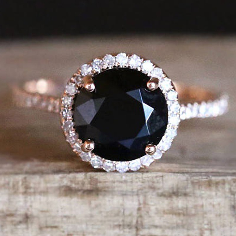Aifei Jewellery Women Ring Mosaic Black Diamond 925 Sterling Silver 18K Rose Gold Plating R916