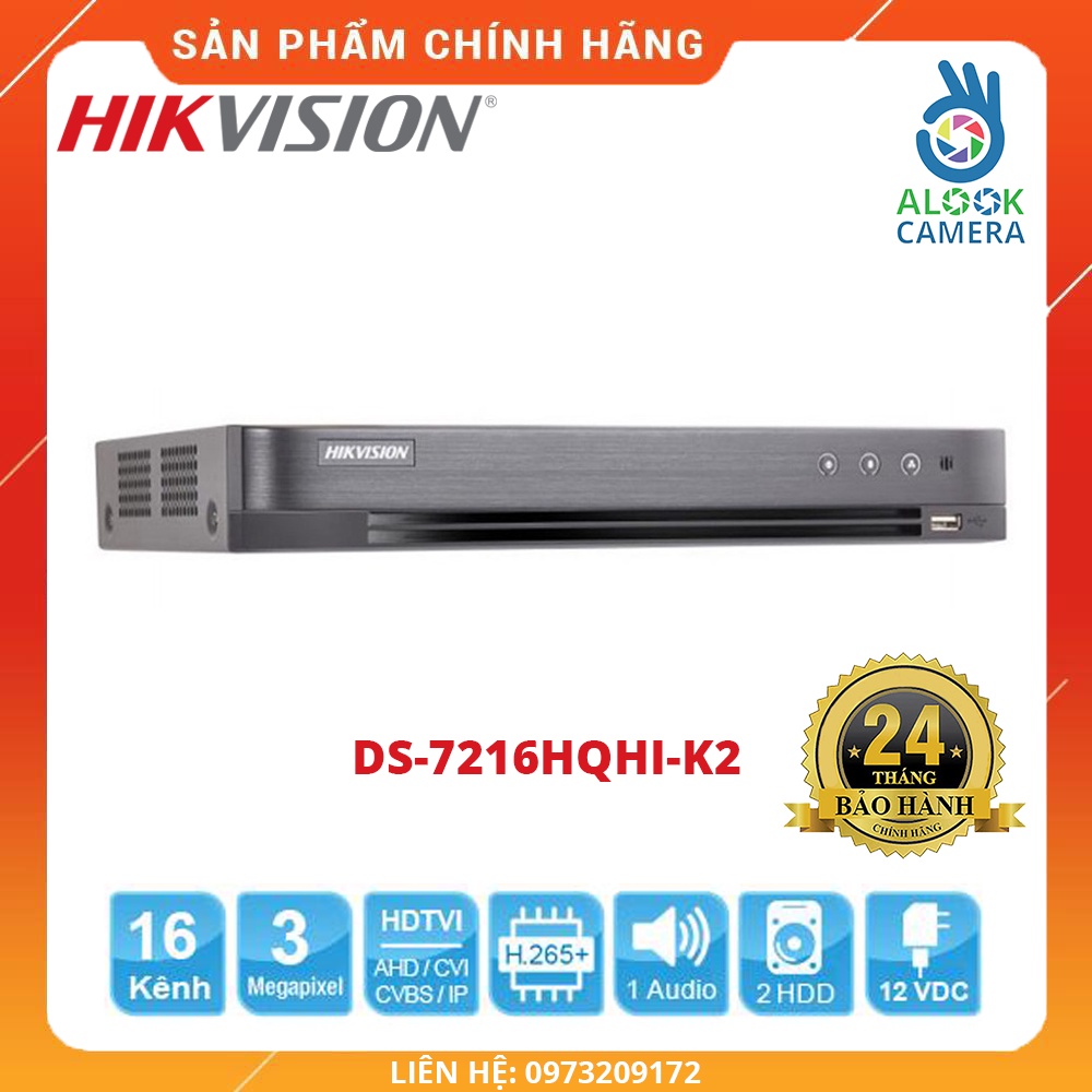 HÀNG CHÍNH HÃNG_Đầu ghi hình HD-TVI DS-7216HQHI-K2 2MP/3MP HD-TVI 16 kênh Turbo HD chuẩn H.265/H.265+_BH 24 THÁNG