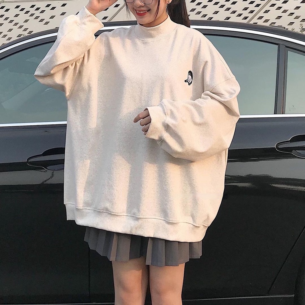 Áo Sweater Cổ Lọ NANASS Thêu Cô Gái Thun Gân Form Rộng Ulzzang (Ánh Thật)