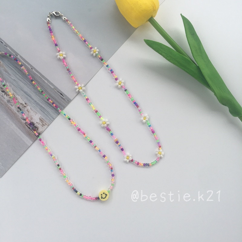 Vòng cổ hạt hoa cúc daisy mặt cười nhiều màu pastel dễ thương lấp lánh phong cách Hàn Quốc