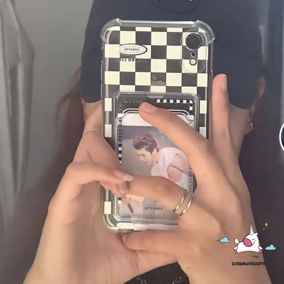 Ốp Điện Thoại Tpu Mềm Trong Suốt Sọc Caro Có Ngăn Đựng Thẻ Cho iPhone 7 8 14 plus 11 12 13 14 pro Max 6 6s plus XR X XS Max SE