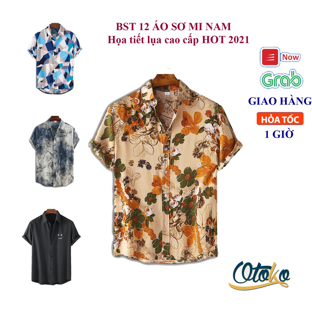 Áo sơ mi họa tiết nam chất lụa đũi cao cấp Adoris in hình hoa lá áo sơ mi lụa cộc tay mặc đi chơi đi làm rất sang trọng