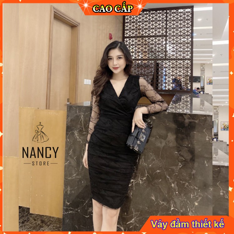 Đầm nữ đầm dự tiệc đen đỏ công sở phối tay mỏng nancy a7,váy body đầm dáng ôm cao cấp