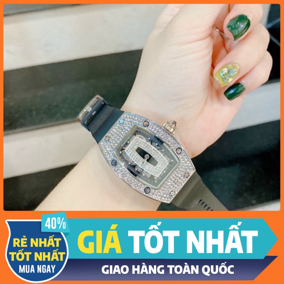 QUÁ ĐỈNH Đồng hồ nữ RM đeo tay chính hãng dây cao su đính đá mặt bầu dục QUÁ ĐỈNH