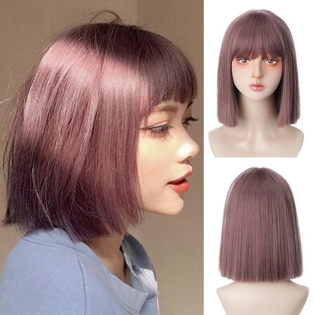 Bộ Tóc Giả Ngắn Mái Ngang Nhuộm Màu Vàng Hồng Chất Liệu Sợi Tổng Hợp Chịu Nhiệt Thời Trang Cho Nữ