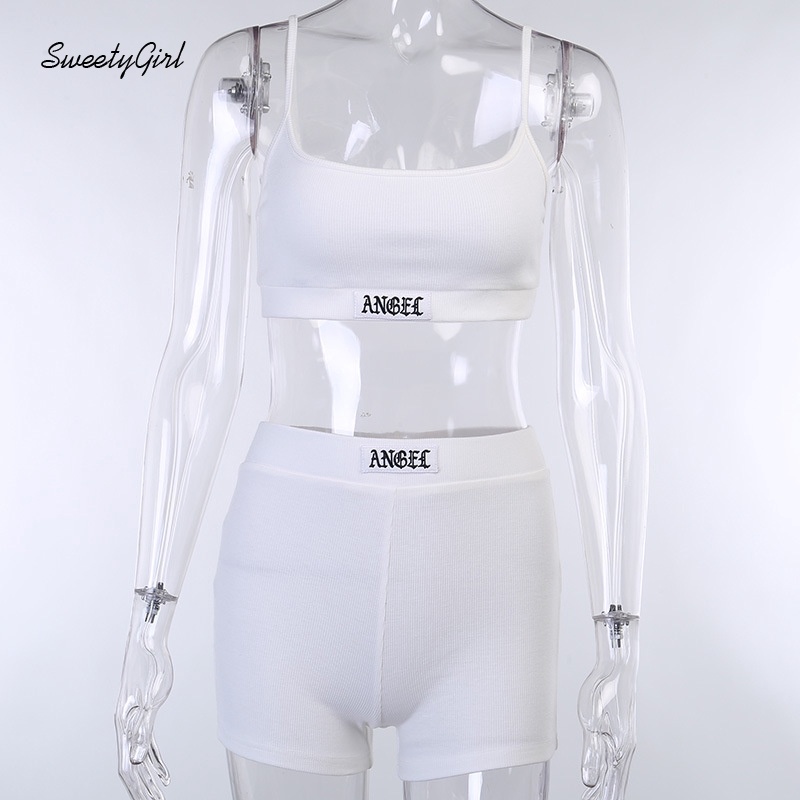 Bộ áo tank top hở lưng in chữ + quần short lưng cao thể thao thời trang cho nữ