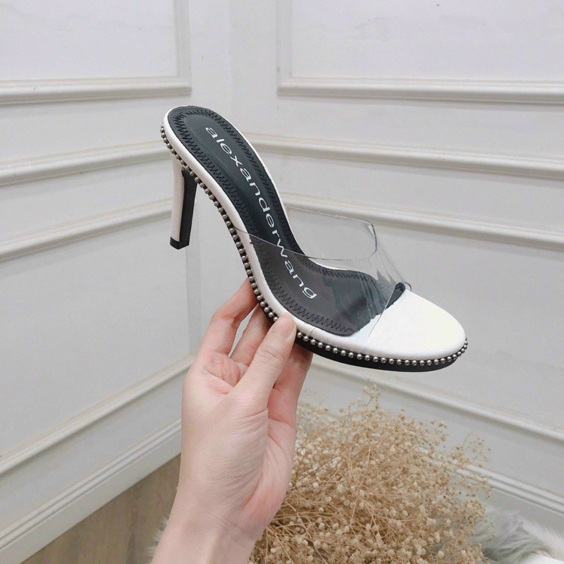 Guốc mica viền bi lót chữ WA gót nhọn 8p (hàng đẹp)