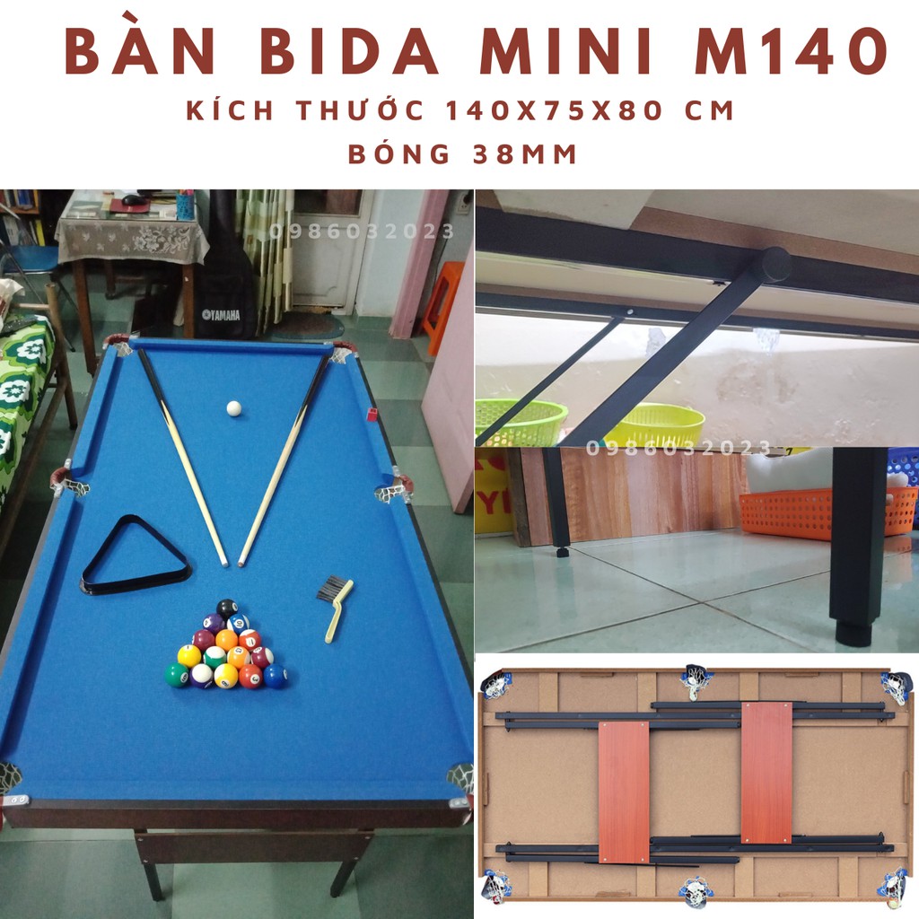 Bàn bida mini 1m4 (1.4m) M140 giá rẻ + chân sắt gập + bi sứ 38mm + vải nỉ + gậy gỗ