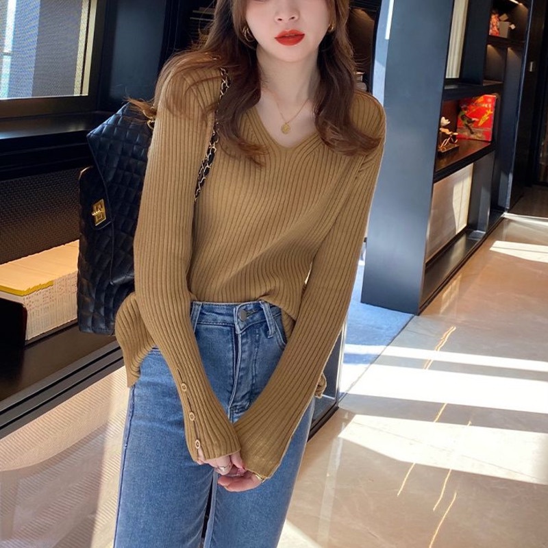 Áo Len Nữ Tay Dài Cổ Chữ v Màu Trơn Thời Trang