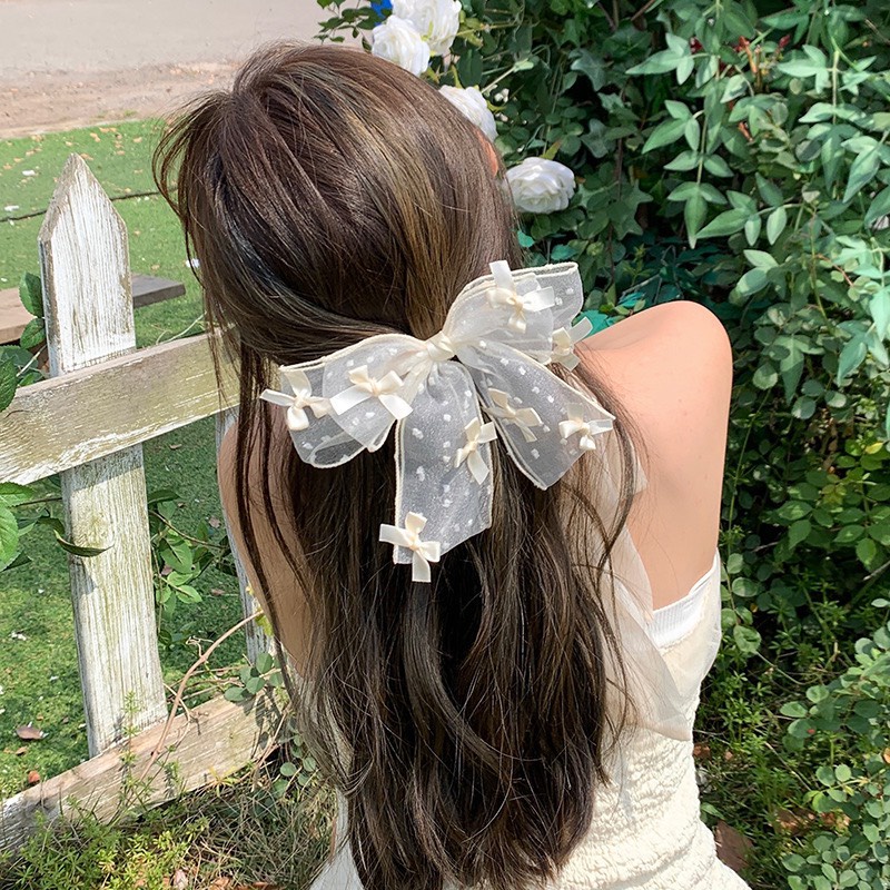 Kẹp tóc nữ nơ màu trắng kem TIMSTORE phong cách tiểu thư vintage hàn quốc