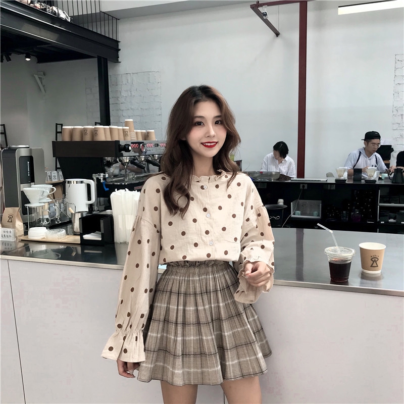 New Fashion Women Long-sleeved Shirt Korean Loose Polka Dot Lantern Sleeve Bottoming Shirt