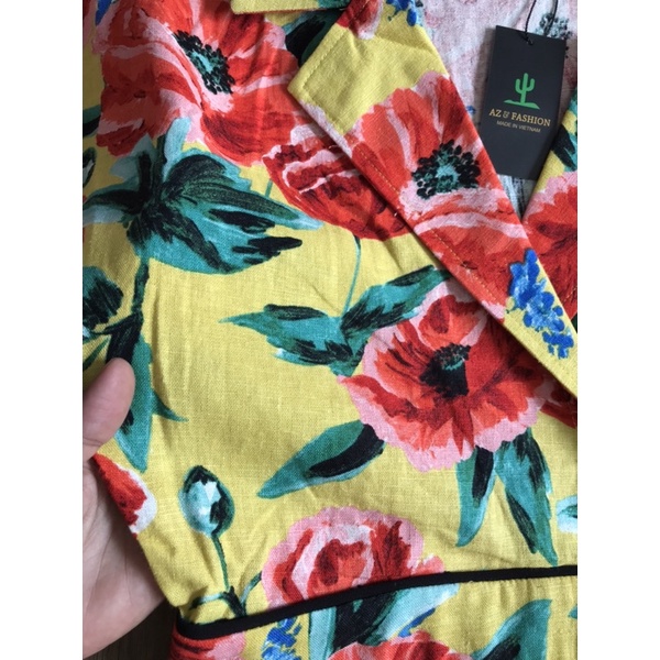 đầm cổ vest hoa đẹp vải linen hãng AZ vnxk