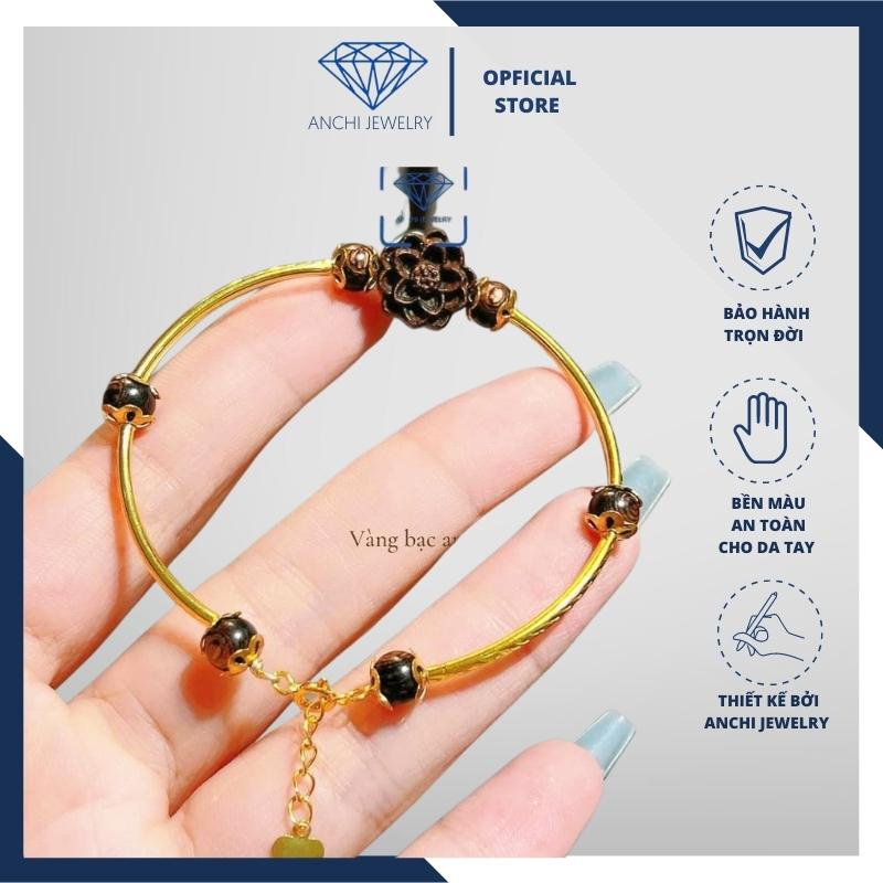 Lắc tay kiềng bạc charm hoa sen trầm hương cho nữ - Anchi jewelry