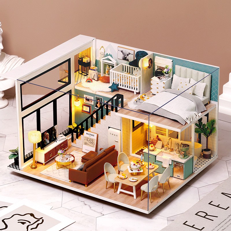 Mô hình nhà búp bê DIY Doll House Miniature_ COMFORTABLE LIFE _Tặng TẤM CHE BỤI + KEO