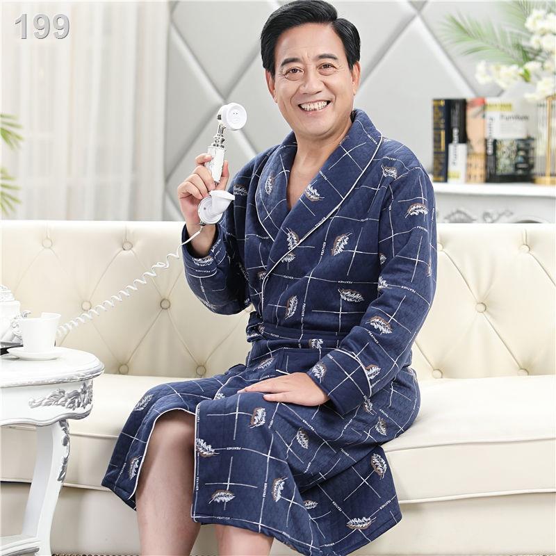 ☈Người trung niên và cao tuổi áo ngủ của đàn ông mùa thu đông cotton đan xen dài tay dày choàng tắm pyjama