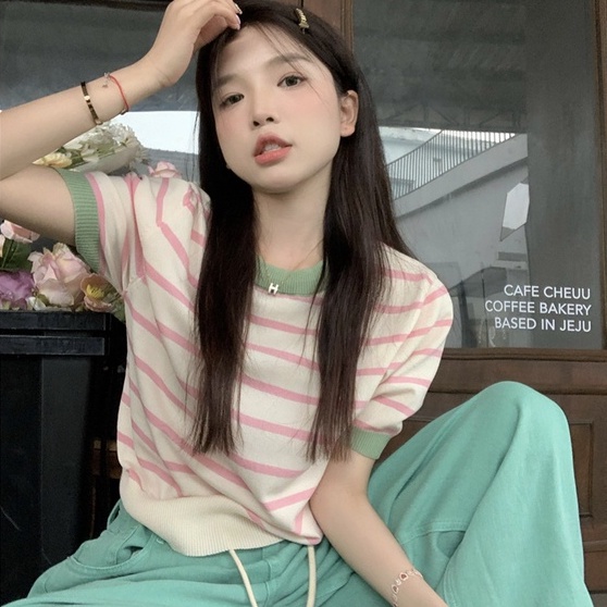 Áo thun dệt kim ZHELIHANGFEI ngắn tay họa tiết kẻ sọc phong cách thời trang dễ phối đồ