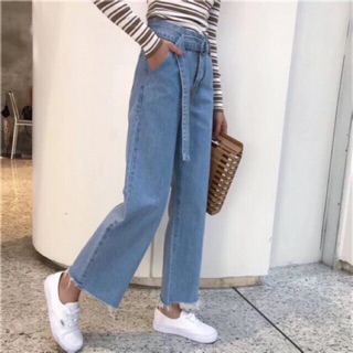 Quần culottes jean phối lưng thun và đai ( hình thật )